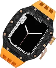 Carbon Fiber Watch Case Sport Fluorine Rubber Strap，For Apple Watch 8/7 6/5/SE/4 44mm 45mm，Luxury Titanium Frame Breathable Exercise Band Women and Men Watch Band Mod Kit WFJ, 44mm