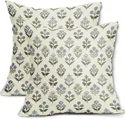 Sivirary Blue Green Block Print Pillow Covers 18x18 Inch Set of 2, Vintage Floral Decorative Throw Pillow Cases Boho Cushion Covers Rustic Decoration Gift Farmhouse Sofa Couch Bed Decor