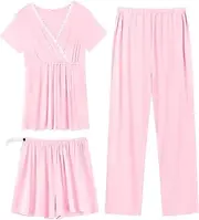 [SWOMOG] Womens Maternity Nursing Pajamas Set Short Sleeve Breastfeeding Top Pregnancy Shorts & Pants 3pcs Pregnancy PJS