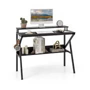 Costway Space Saving Computer Desk w/Monitor Stand Hook & Storage Shelf R-shaped Metal Frame Writing Table Black
