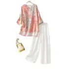 Cotton Linen Floral Printed Shirts Blouse Loose Fit Pants Women's Retro Outfit