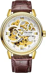 [zolyet] Men Watches Automatic Mechanical Skeleton Diamond-Studded Watch Genuine Band Luminous Hands 3ATM Male Fashion Wristwatch White White
