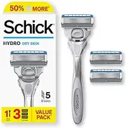 Schick Hydro Dry Skin Razor, 5 Blade Men's Razor, 1 Handle with 3 Refills, Flip Back Precision Edger