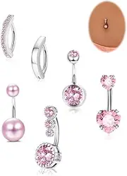 [Thalorix] 6PCS Belly Button Rings Stainless Steel 14G Belly Rings Pink CZ Pearl Clicker Belly Button Piercings for Women Navel Piercings Pack, Silver, 14G, 10mm, Stainless Steel Cubic Zirconia, cubic