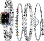 [BERNY] Silver Watches for Women Dainty Quartz Bracelet Watch Ladies Wrist Watch and Bracelet Set Coloured Stones Accented Fashion Luxury Birthday Gifts for Women