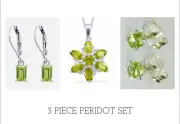 Peridot Collection, 2 Sets of Earring and Flower Shaped Pendant w / 20" Chain