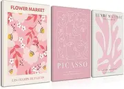 Djmwtb Matisse Picasso Abstract Canvas Wall Art Framed Set of 3 Pink Flower Market Poster Prints Aesthetic Pictures Modern Minimalist Wall Decor Painting for Living Room Bedroom Bathroom 16"x24"x3