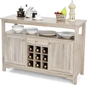 Giantex Kitchen Buffet Sideboard, Rustic Cupboard Storage Organizer w/2 Cabinets, 1 Drawer, Open Shelf & 9-Bottle Wine Rack, Farmhouse Wooden Console Table TV Cabinet for Dining Room Living Room, Grey