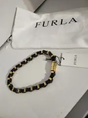 New FURLA Statement Gold Black Leather Necklace Bib Collar Choker Neckband $298