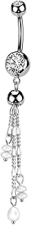 [Pierced Owl] 14GA 316L Stainless Steel Triple Chain with Synthetic Pearl Accents Dangling Belly Button Ring