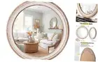 Round Wooden Mirror,24" Farmhouse Rustic Circle Mirror,White Beads 24” A