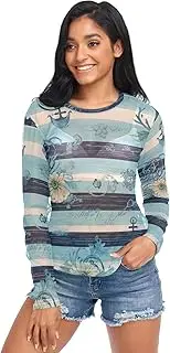 [ODAWA] Nautical Striped Daisy Flower Blue Long Sleeve Mesh Shirt Mesh Crop Tops Workout Tops Hoodies