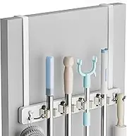 Lorbro Broom Holder Door Mount, Over the Door Broom and Mop Holder with 2 Over Door Hooks, Wood Broom Hanger, Tool Rack Organizer for Laundry, Garage, Closet, Kitchen Decor, 4 Slots & 4 Hooks Rustic