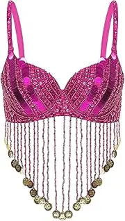 [Yhong] Women Glitter Belly Tops Underwired Bra Fringe Crop Top Night Club Cocktail Party Shirt