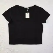 Sunro V-Neck Crop Top Short Sleeve Shirt Women's Size M Black Stretchy Casual