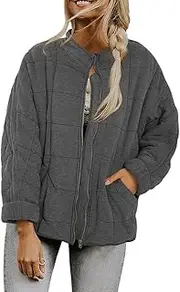 [EdNey] Women's Stand Collar Quilted Zip Puffer Winter Jackets Baggy Short Padded Packable Warm Outwear with Pockets, Dark Gray, Small