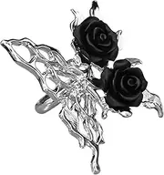[HETICA] Silver Butterfly Ring for Women, Black Rose Adjustable Skeleton Butterfly Ring Open Statement Ring Jewelry Gifts for Women Girls, Metal, No Gemstone