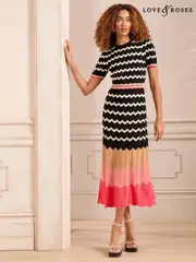 Love & Roses Black and White Multi Stripe Chevron Short Sleeve Knitted Midi Dress (AV0329) | $150