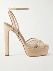 [Aquazzura] Aquazzura - Divine Plateau 130 Suede And Tulle Platform Sandals - Beige - IT39 IT 39 Neutrals