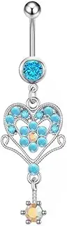 [Niaspi] Boho Turquoise Heart Belly Button Barbell Ring for Women Exaggerated Love Heart Chandelier Belly Button Bars Crystal Hearts Flower Blue Birthstone Dangling Belly Bar Body Jewelry Gifts, Metal,