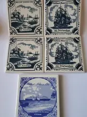 5 Vintage Holland America Line Blue Tile Coasters