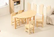 120x60cm Semi Circle Timber Pinewood Wooden Kids Table Activity Study Desk & 4 Wooden Chairs Set