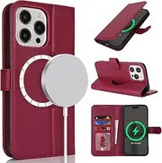 for iPhone 15 Pro Max Case Magsafe Charge Wallet Magnetic Leather Cover with Card Holders SunYoo Case Pour Femmes Portefeuille 騁ui Coque Porte Feuille for iPhone 15ProMax Flat-Red