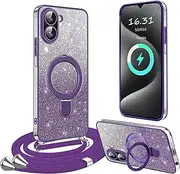 XCYYOO Mobile Phone Case for Xiaomi Redmi A5 Case with Strap, [with Removable Stand] Transparent Silicone Shockproof Mobile Phone Chain Protective Case Ring Stand Case with Chain for Redmi A5 Purple