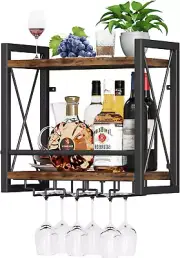 Wall Mounted Wine Rack, Bottle & Glass Holder Wood-Metal Retro Wine Rack, Wine B