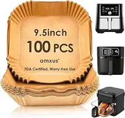 100PCS Air Fryer Paper Liners, amxus 9.5 Inch Square Air Fryer Disposable Paper Liners, Non-Stick, Oil-Proof, Food Grade Paper Liner for Baking Roasting Microwave