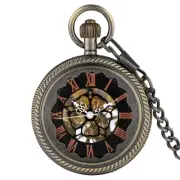 Skeleton Mechanical Pocket Watch Hand-Winding Glass Case Pendant Chain Men Gifts
