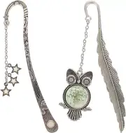 2 Pcs Owl Stars Luminous Bookmark Retro Metal Bookmark with Pendant Glow in Dark