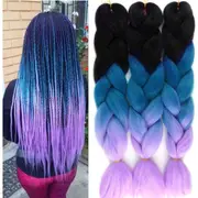 62cm Synthetic Gradient Coloured Braiding Hair Extensions - Dark Black&Lake Blue&Light Purple