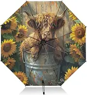 [RPLIFE] Highland Cow Sunflowers Umbrella, Lightweight Portable Auto Open Close for Women, Travel Umbrellas for Rain, Wind and Sun