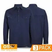 3 x Mens Navy Closed Front Cotton Drill Long Sleeve 150g Work Shirts XXS~5XL