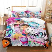 v733 Bed Sheets Gabbys Dollhouse Bedding Set Single Twin Full Queen King Size Bed Set Adult Kid Bedroom Duvetcover Sets Anime Bed Sheet Set 3-Piece Be