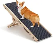 Petzly Dog Ramp for Bed Couch, Adjustable Height 22-45.5CM Pet Ramp for Puppy Medium Dogs Old Dogs & Cats, Non-Slip, Pine Wood Finish, Folding Portable Wooden Safety Dog Stairs