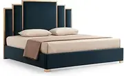 Bed Frame Velvet Turquoise Fabric Padded Upholstery Slats Polished Stainless Steel Feet in King Size