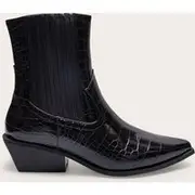 Black Croc PU Point Toe Low Block Heel Western Ankle Boots, Black