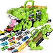 Transporter Dinosaur Truck Toy with 12 Diecast Racing Cars, Monster Truck Carrier Set Transforms into Dino with Race Track, Toddler Toys Gifts for Kids Boys Girls Ages 3 4 5 6 7 8 Years Old