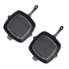 NNEAGS 2X 26cm Square Ribbed Cast Iron Frying Pan Skillet Steak Sizzle Platter w