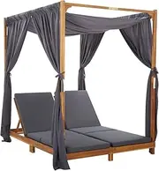 Patio Solid Acacia Wood Lounge Chair - Folding, Reclining Outdoor, Gravity Lounger with Cushion & Curtains for Lawn, Chair Camping, Adults Beach
