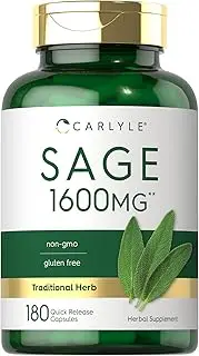 Sage Supplement 1600mg | 180 Capsules | High Potency | Non-GMO, Gluten Free | by Carlyle