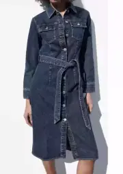 NWT Zara The Doro Denim Shirt Dress Front Pockets Buttons Medium Dark Wash XS