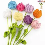 Tulips Crochet Flowers, 8PCS Fake Tulips Artificial Flower Handmade Knitted Tulip Bouquet with 10PCS Bouquet Sleeves and a greeting card for Mothers Day/Birthday/Anniversary/Valentine's Day Home Decor