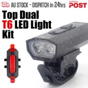 T6 Dual LED Bicycle Head Lights Set Bike Tail Lights Rear Lamp Alarm USB