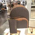 Michael Kors Large Travel Backpack Shoulder Bag Handbag Brown + Long Wallet MK