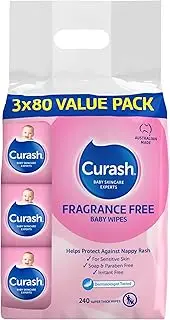 Curash Fragrance Free Baby Wipes - Ideal for Newborns - pH Balanced - For Sensitive Skin - Soap, Alcohol, Paraben & Irritant Free - Wet Wipes - Baby Essentials - 3 x 80 Value Pack, 240 wipes