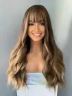 Long Wavy Wig with Bangs, Brown to Blonde Ombre, Natural Looking Synthetic Ha...