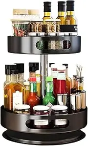 [TOMVAES] 2 Tier 360° Rotating Spice Rack, Cupboard Organizer, Metal Steel Condiment Holder, Lazy Susan Storage Rack for Kitchen Cabinet Countertop Pantry (Black)